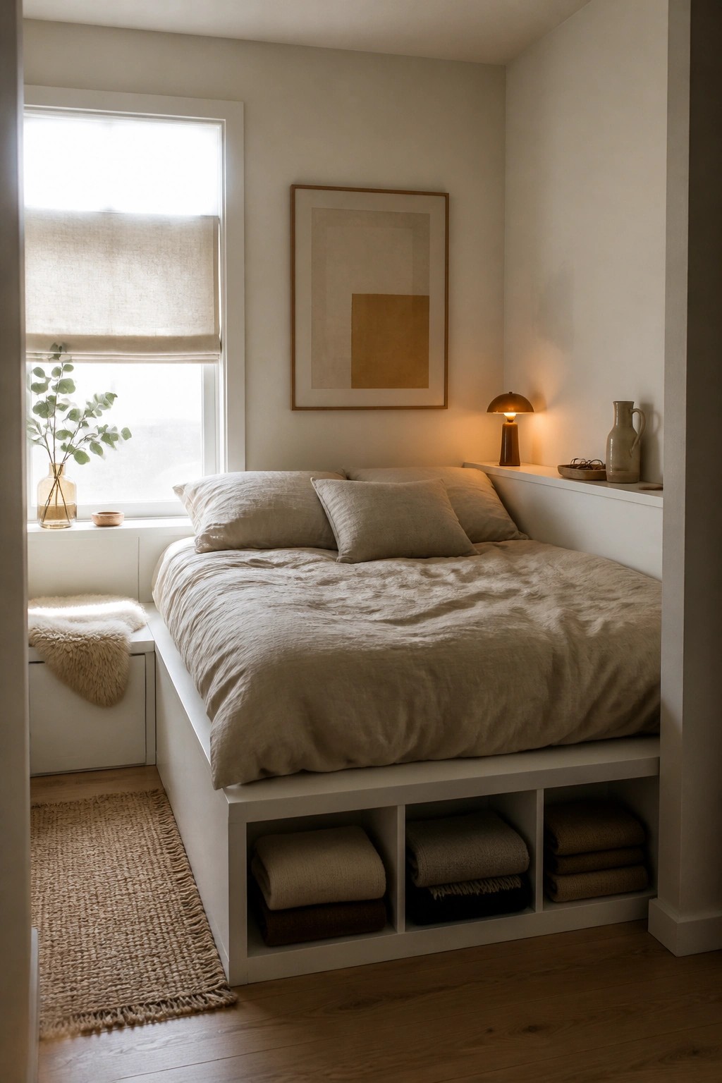 Cozy white built-in bed with beige linens, abstract art, lamp, and under-bed storage cubbies