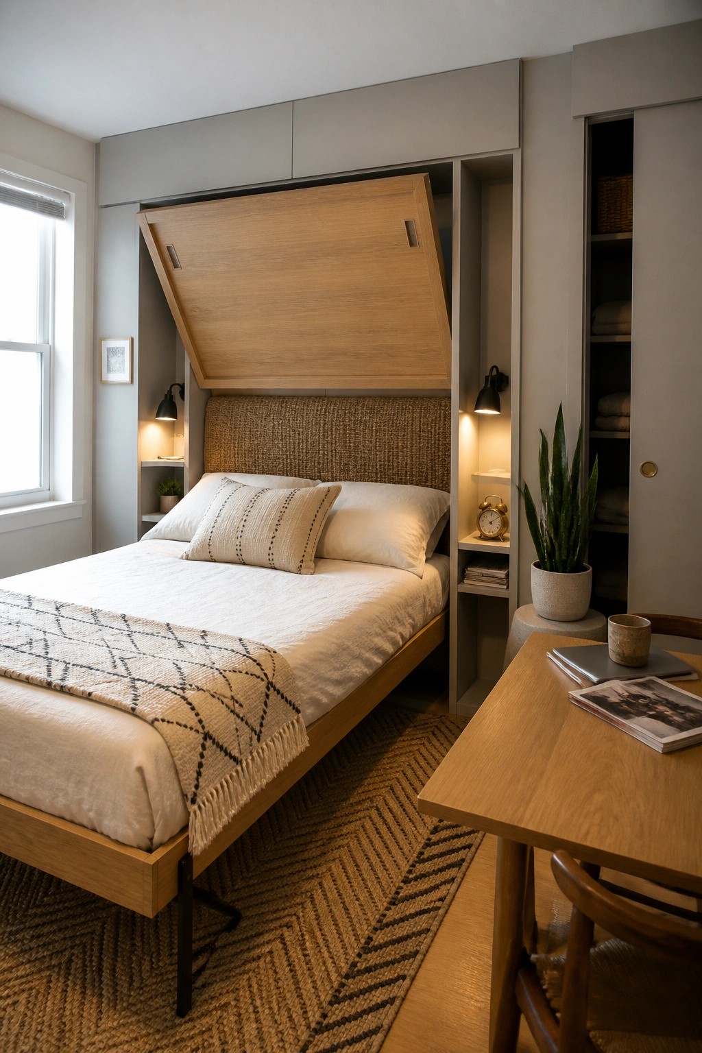 A small bedroom with a bed under a large open overhead wooden cabinet, flanked by built-in shelves holding books, a clock, and a potted plant.