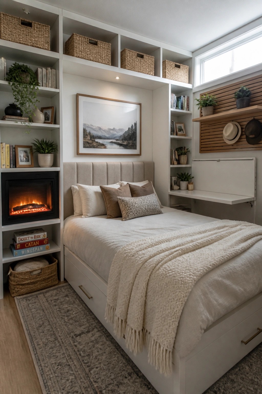 A small bedroom featuring white built-in shelving around a bed with under-bed storage drawers, an electric fireplace on the left wall, and a fold-down desk on the right.