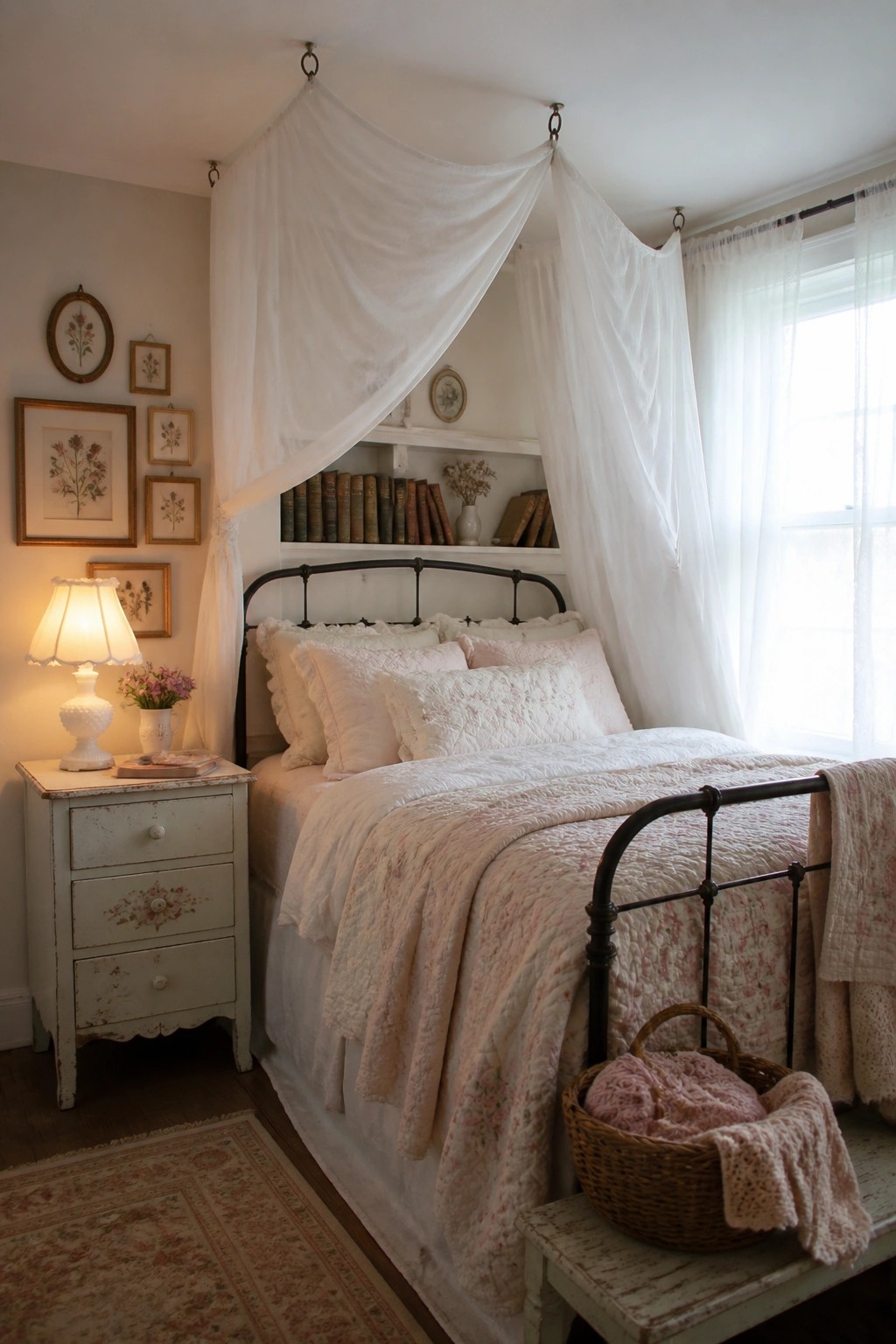 A bedroom featuring a black metal bed with white fabric draped from the ceiling to form a canopy, pink and white bedding, a distressed white nightstand with a lit lamp, and a window with sheer curtains.