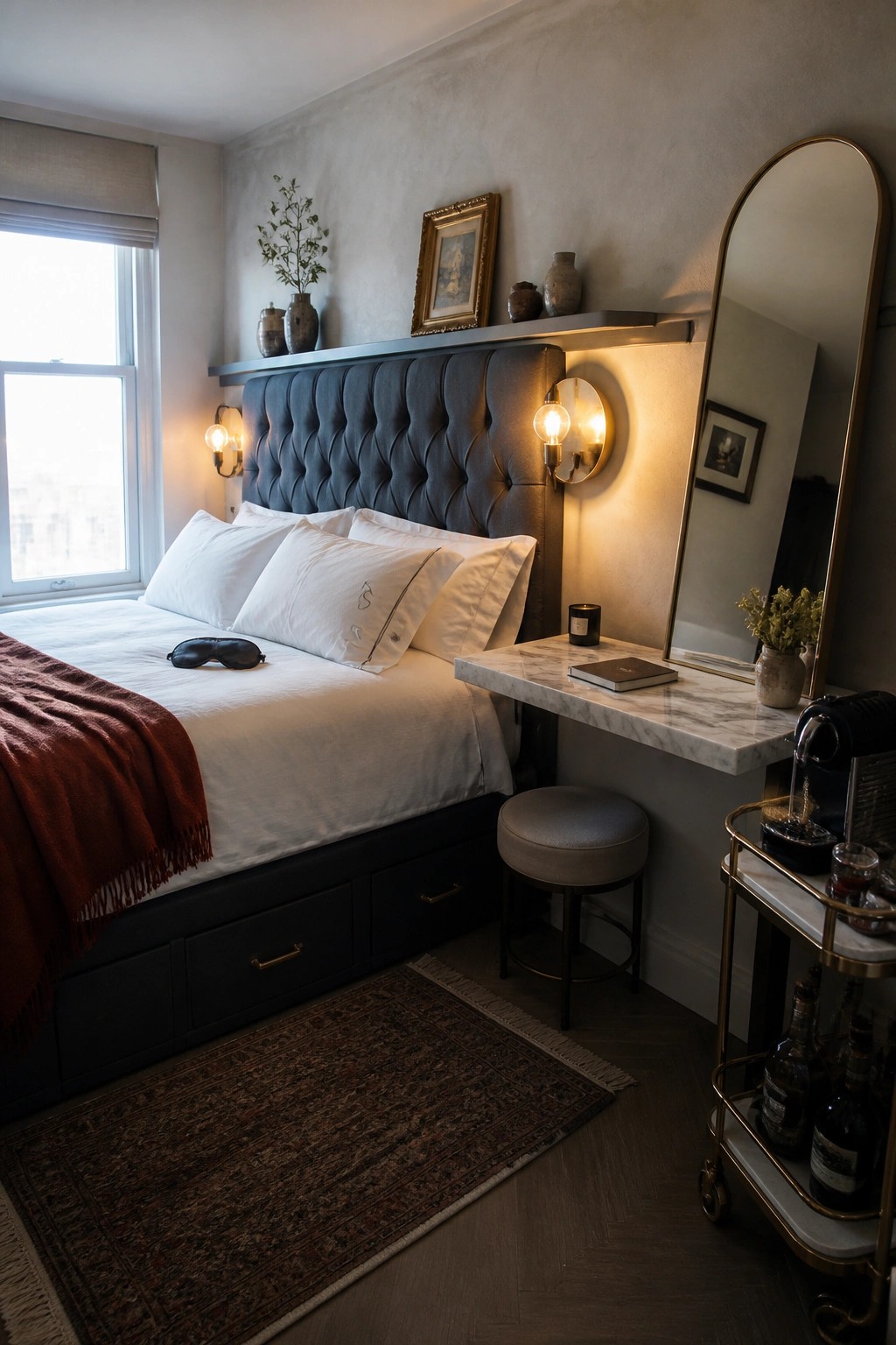 Cozy bedroom with navy tufted headboard, white linens, marble desk, arched mirror, bar cart.