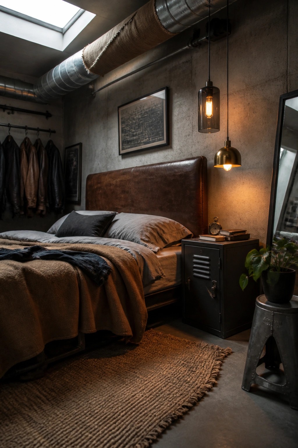 A small bedroom with concrete walls, a brown leather headboard, layered gray and brown bedding, a black metal nightstand, and two pendant lights.