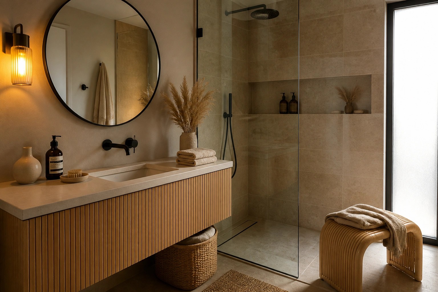 A bathroom interior featuring a floating wood vanity with stone countertop, round black mirror, black fixtures, and a glass-enclosed shower with beige tiles.
