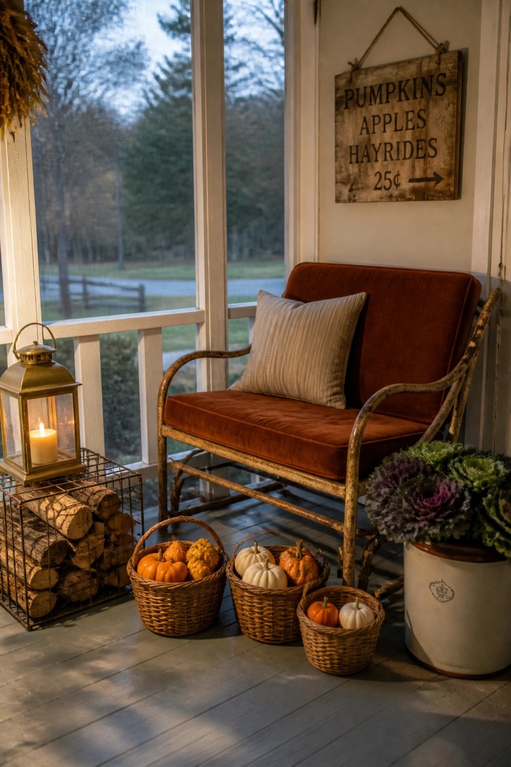 A wooden bench with an orange cushion and beige pillow on a porch next to several wicker baskets filled with small pumpkins, a lit lantern on a crate of firewood, a potted plant, and a wooden sign on the wall.