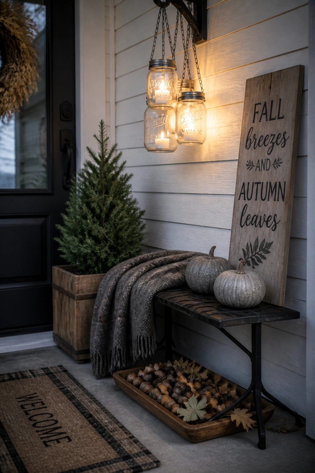 A compact front porch shows three hanging mason jar lanterns with lit candles above a wooden bench holding two pumpkins and a folded blanket, with a potted evergreen and welcome mat nearby.