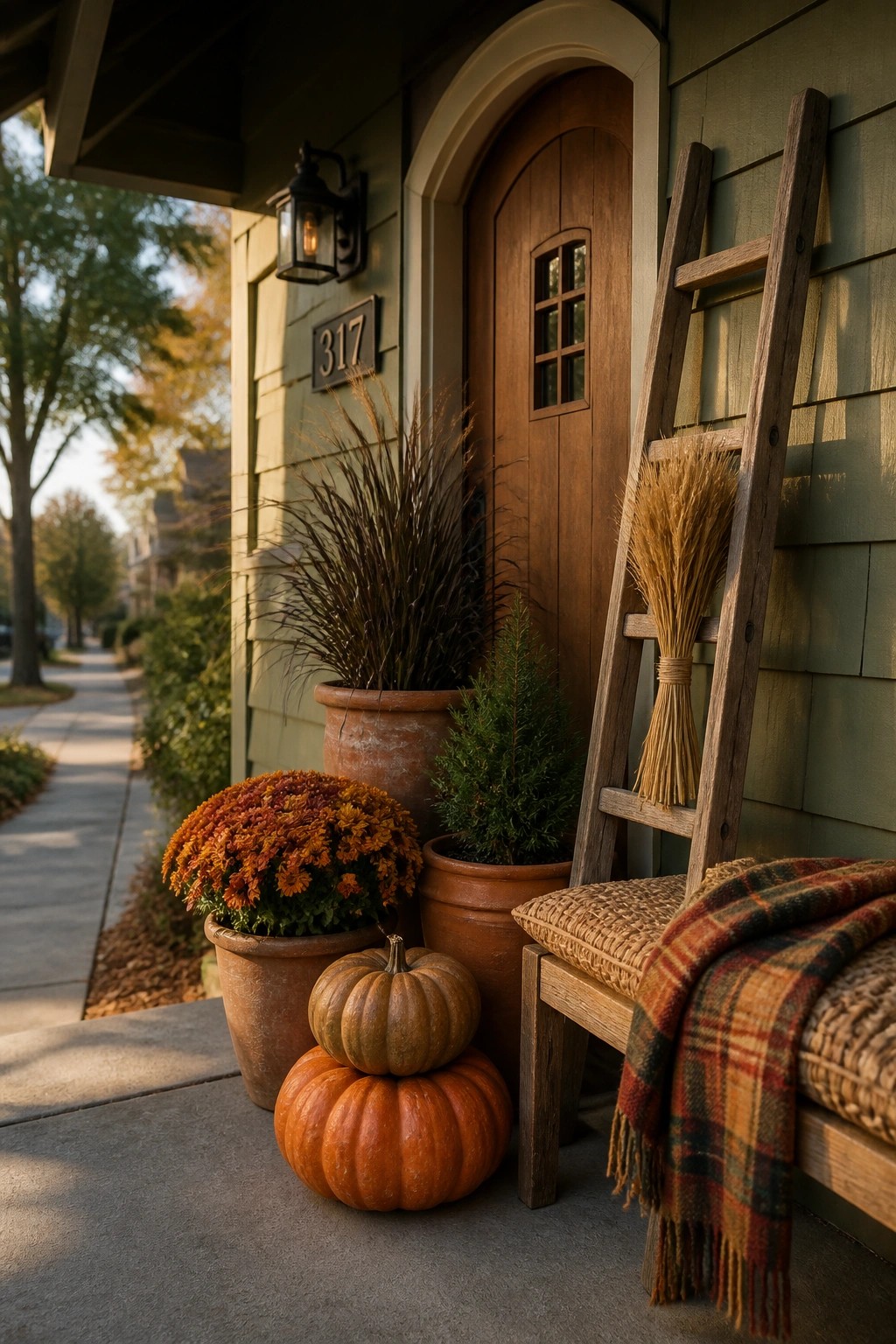 A small front porch with stacked pumpkins, potted orange mums, a small evergreen, and a wooden ladder holding a bundle of wheat beside an arched door.