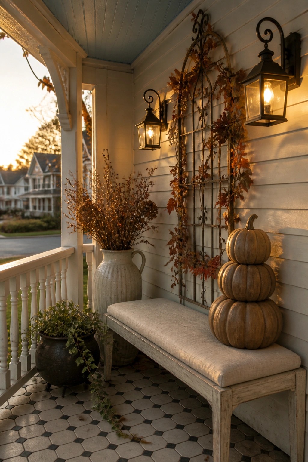 A front porch with a cushioned bench, three stacked wooden pumpkins on the right, two black wall lanterns, and large vases with dried plants on the left.