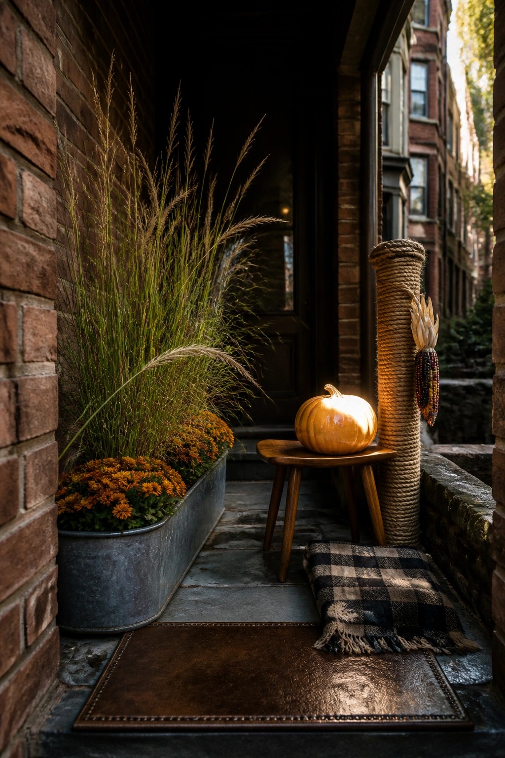 A small wooden stool with a pumpkin on top sits on a compact brick porch next to a metal planter with orange mums and tall grasses, a plaid blanket on the ground, and a rope-wrapped post.