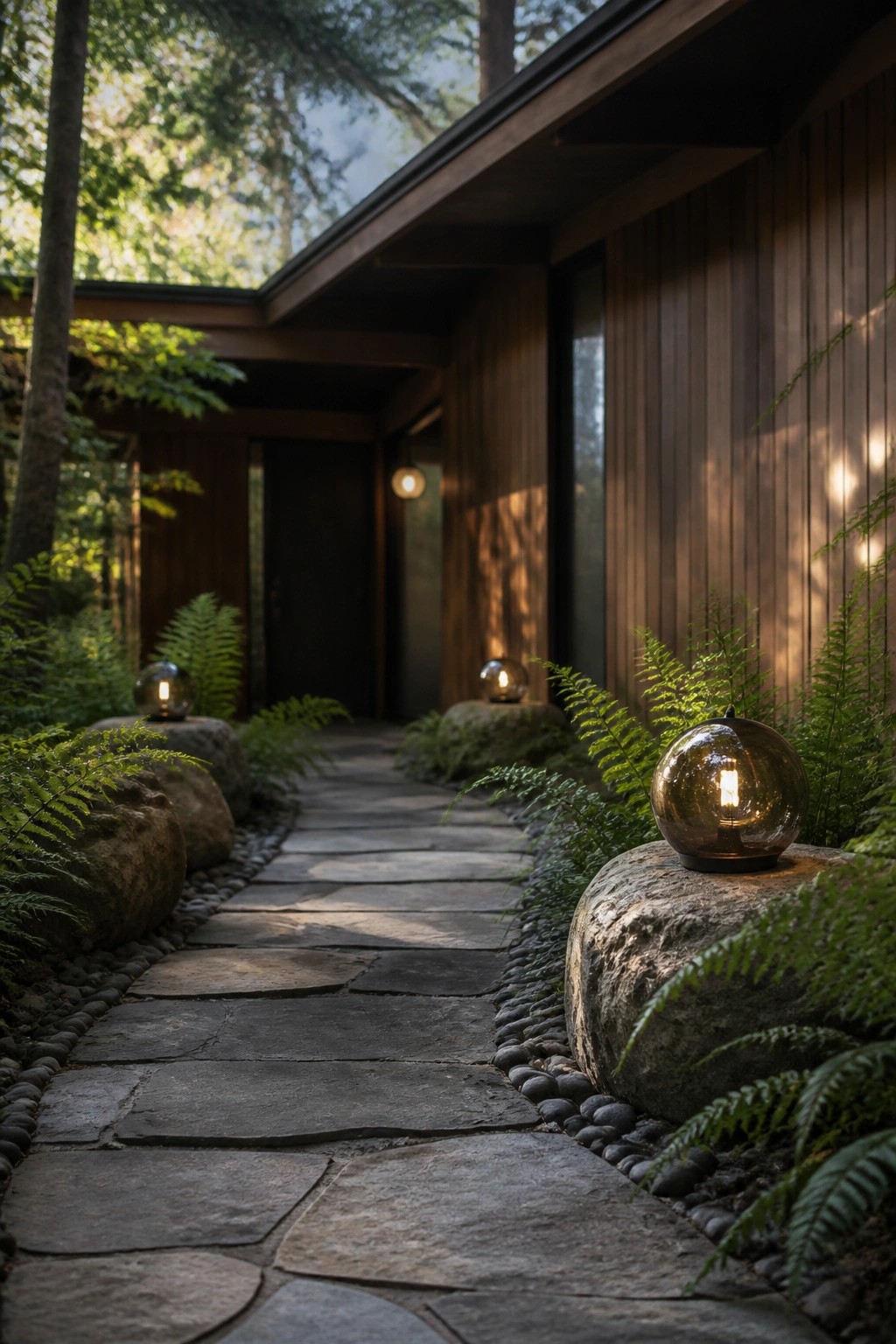 Stone pathway lined with ferns and glowing orbs leads to wooden house