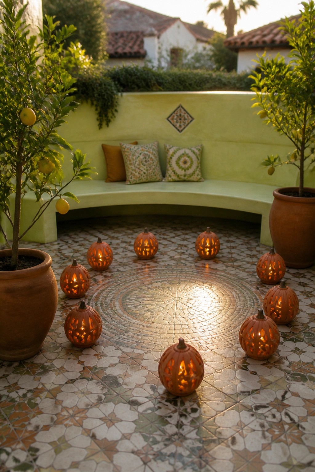 Glowing jack-o'-lanterns on mosaic tiles before curved green bench with pillows.