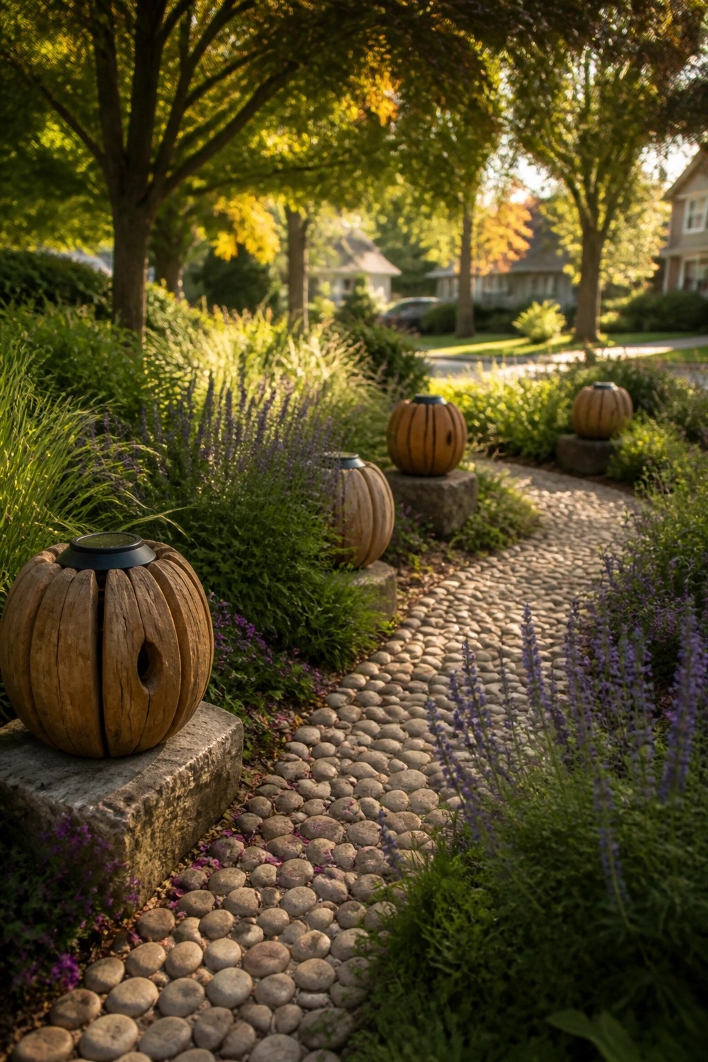 A curved cobblestone garden path bordered by wooden pumpkin-shaped solar lights resting on stone bases, with lavender and green plants along the edges.
