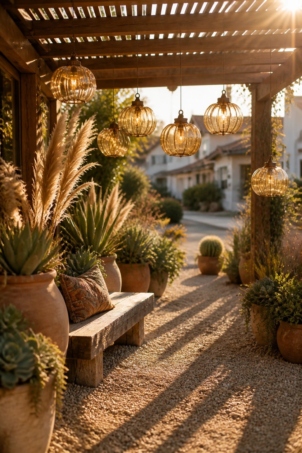 Glowing lanterns hang from wooden pergola above potted plants and bench on gravel path.
