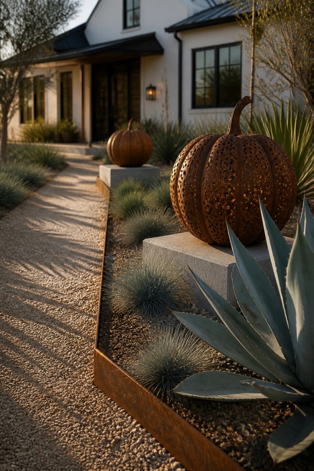 A gravel front yard path edged in rusted metal with large perforated pumpkin sculptures on concrete bases and drought-tolerant plants.