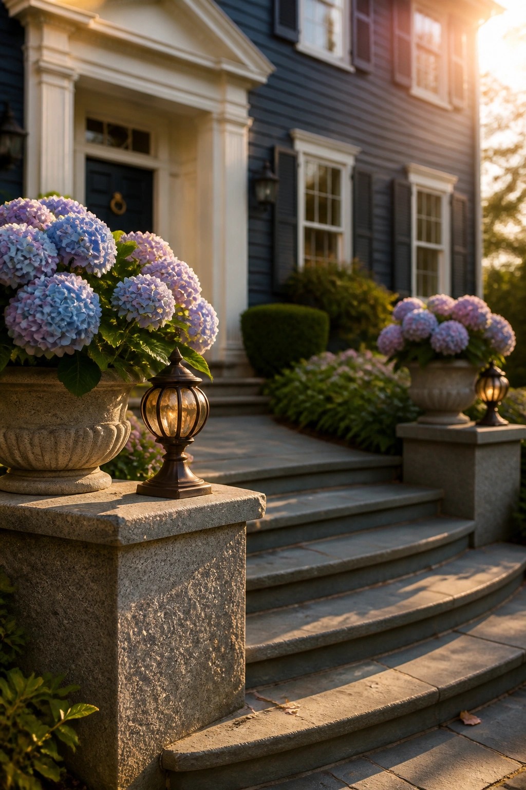 Front entrance of a dark blue house with stone steps flanked by potted hydrangeas and lit lanterns resting on low stone pillars.