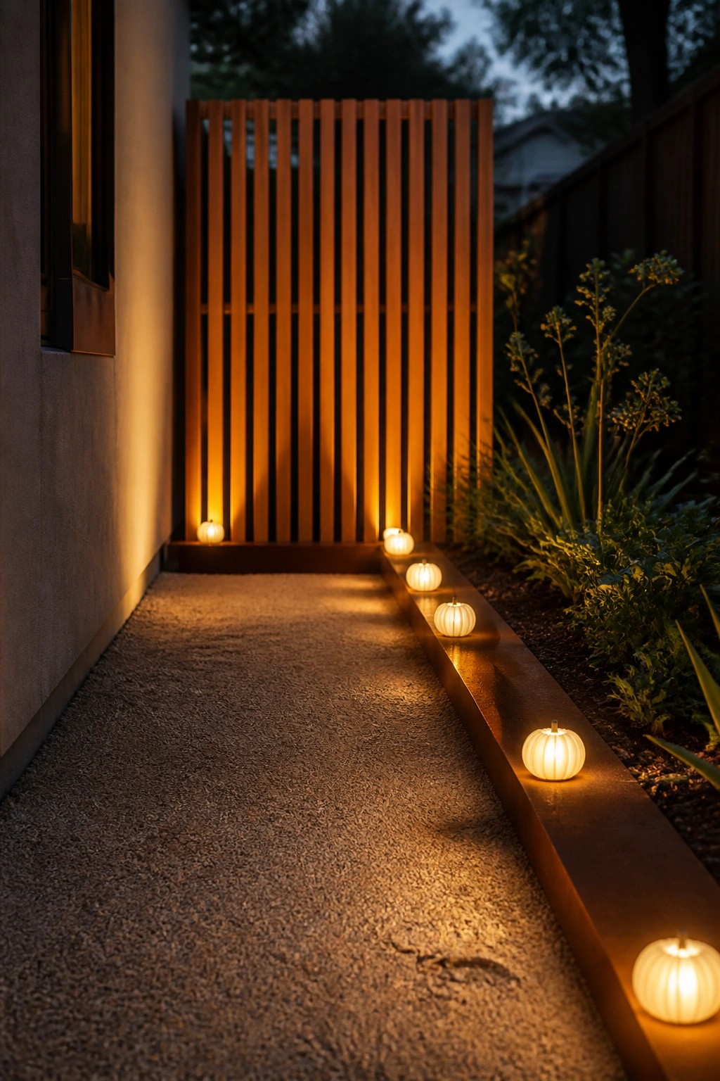 A gravel walkway lined with glowing solar pumpkin lights next to a wooden slat screen and garden plants at dusk.
