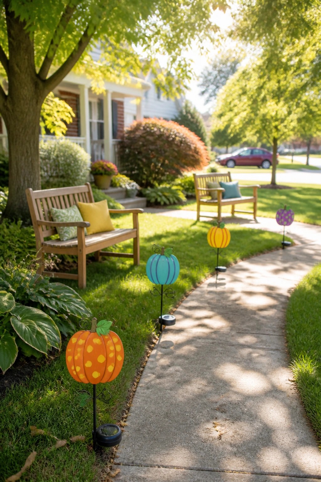 Colorful pumpkin solar lights line a sunny path beside wooden benches in a yard.
