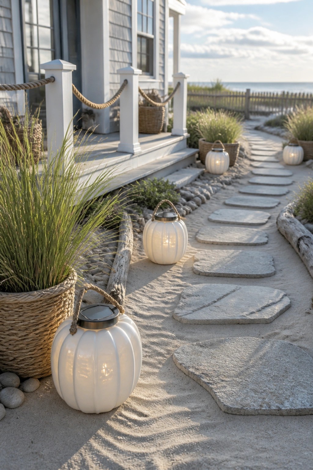 A sandy path with irregular stone pavers is lined with glowing white pumpkin-shaped solar lights next to woven planters of tall grass outside a beach house.
