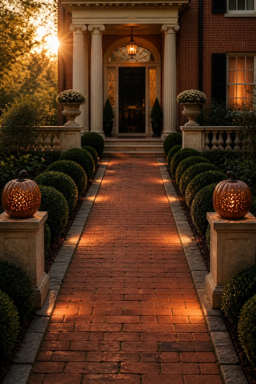A brick walkway lined with glowing carved pumpkins on stone pillars leads to a brick house with white columns and a dark front door.