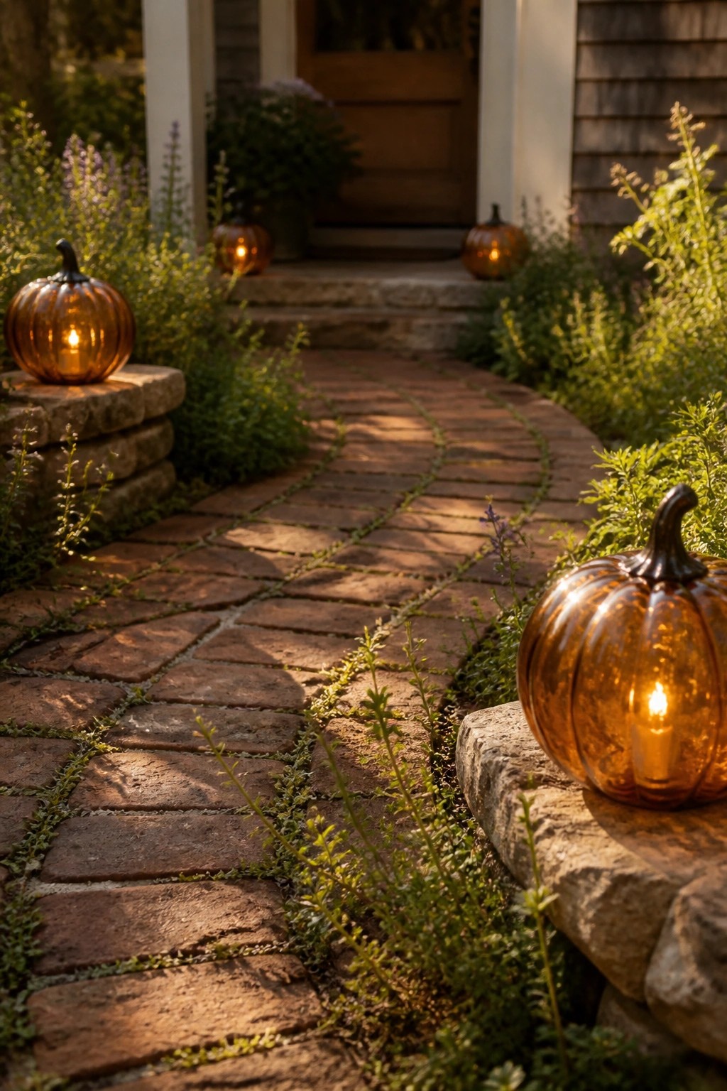 A brick walkway lined with glowing pumpkin lights placed on low stone borders next to green plants.