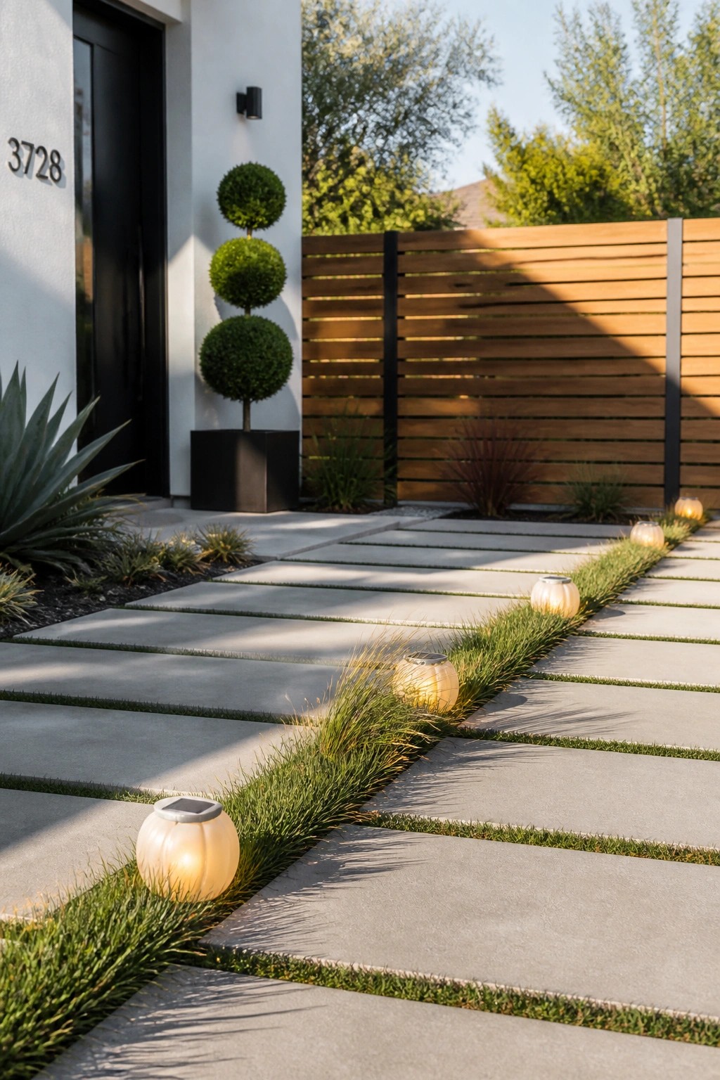 Concrete pavers with grass strips form a front walkway lined with glowing solar pumpkin lights leading to a black door on a white house.