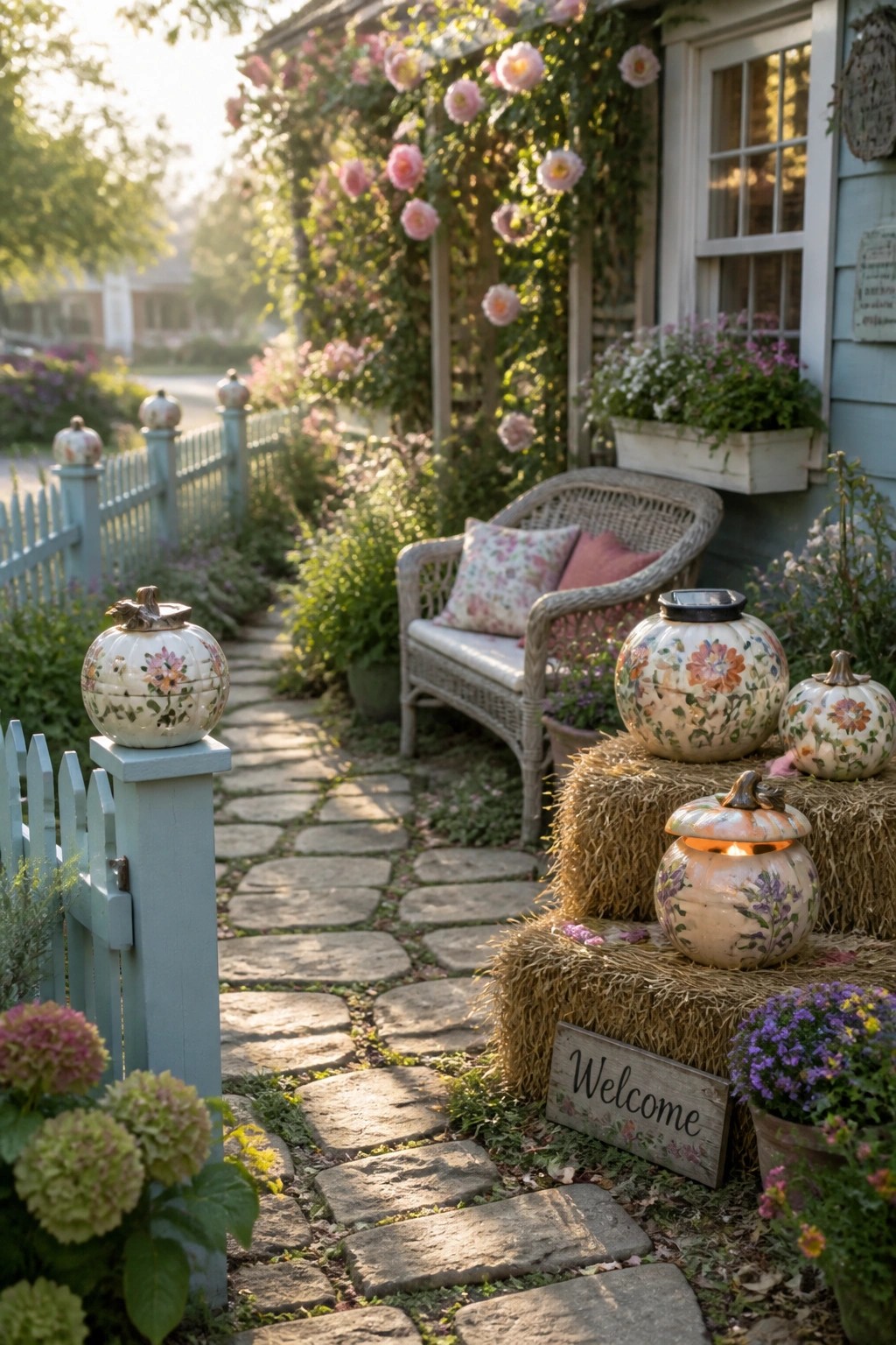 Stone path to cottage porch with wicker chair, floral pumpkins on hay bales, welcome sign