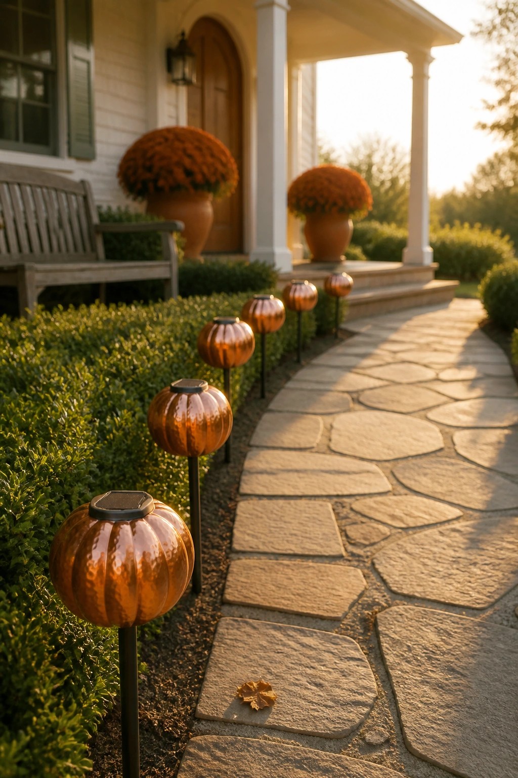 A stone walkway lined with glowing pumpkin-shaped solar lights next to green shrubs and a house porch.