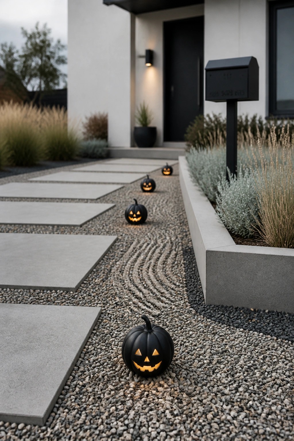 A modern house front with a gravel and concrete paver walkway lined by several small glowing jack-o'-lantern lights.