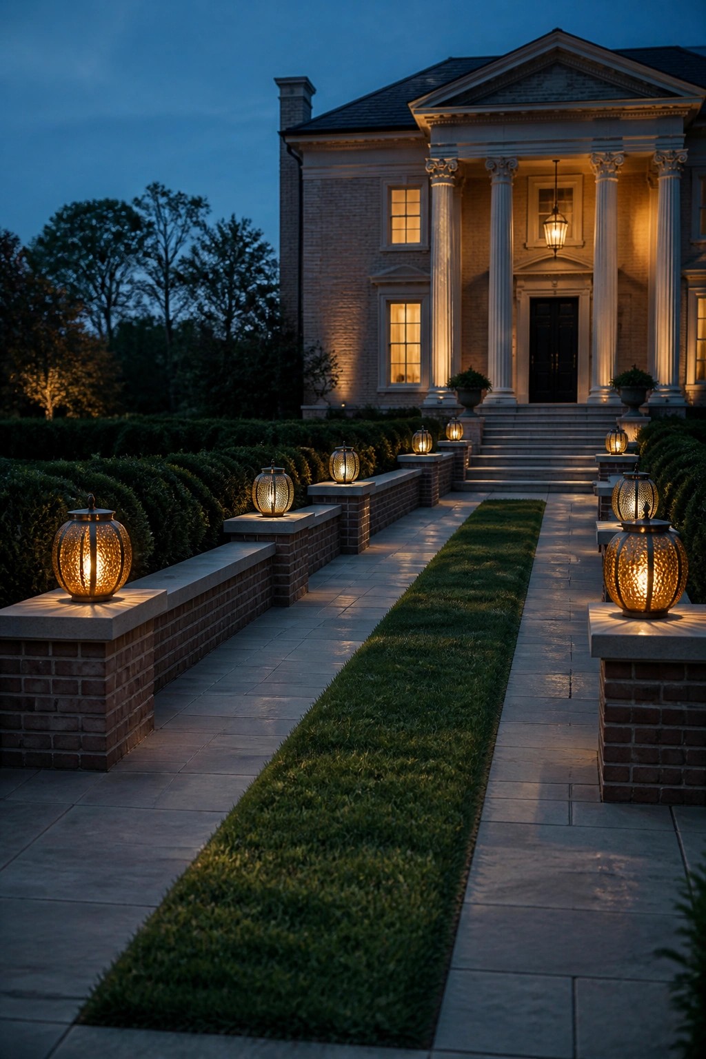 A two-story brick house at dusk with a paved walkway bordered by low brick walls holding multiple glowing pumpkin-shaped solar lanterns.