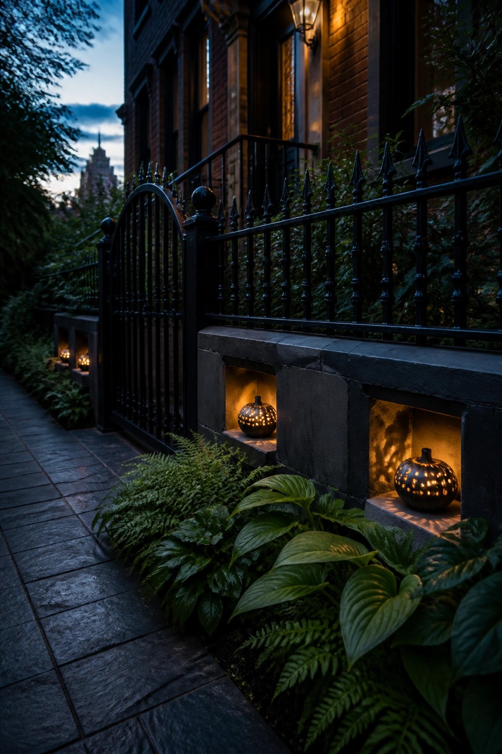 A paved walkway beside a brick house with a black metal fence, featuring a low stone wall with two recessed niches holding glowing carved pumpkin lights surrounded by ferns and hostas at dusk.