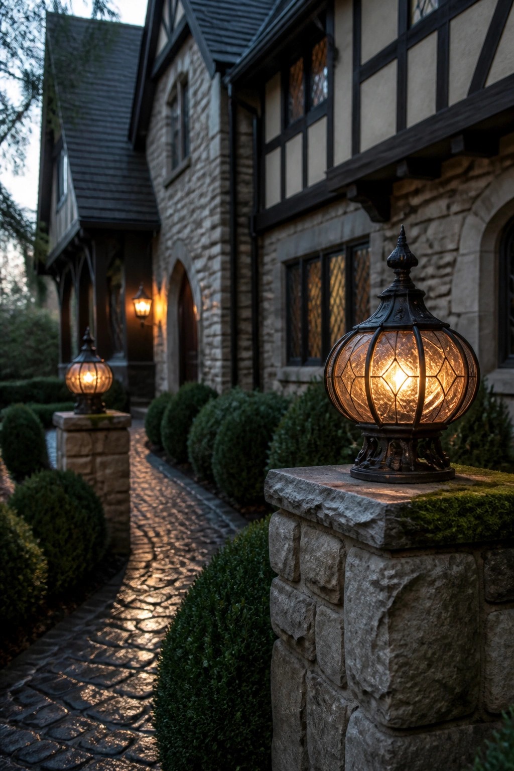 Glowing lantern on mossy stone pillar by cobblestone path to Tudor house