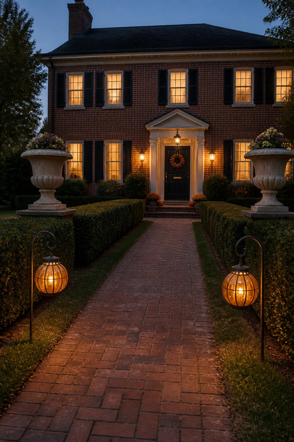 A two-story brick house at dusk with a red brick walkway lined by glowing solar pumpkin lights, bordered by hedges and large stone urns.