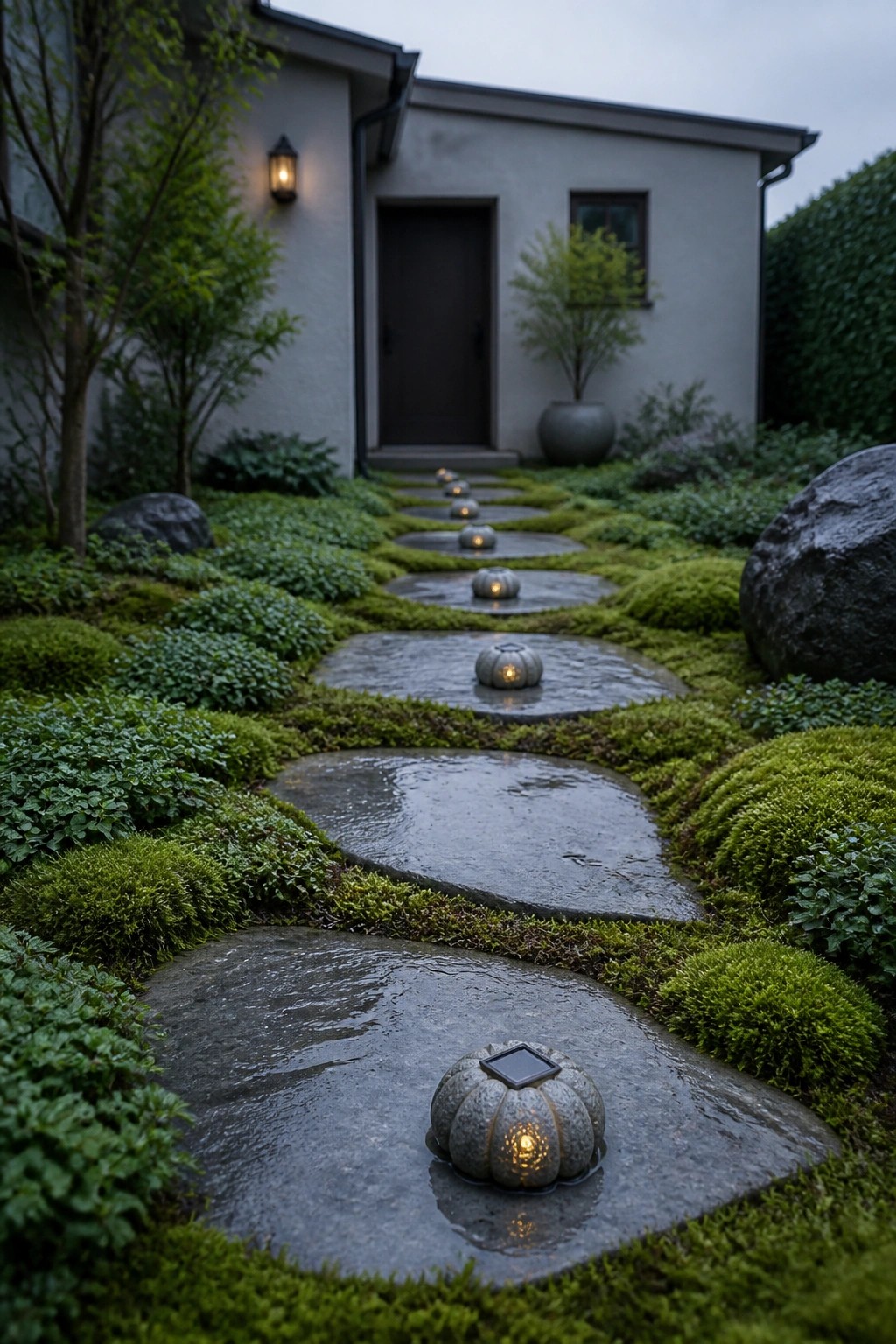 Stone path with glowing pumpkin lights amid lush moss leading to house at dusk