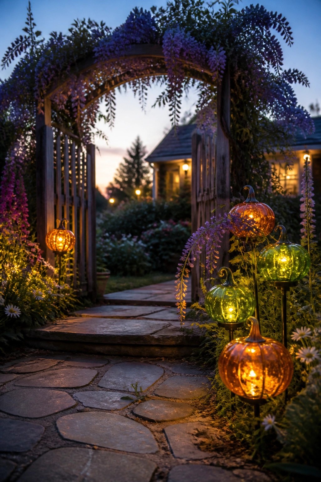 Twilight garden path under wisteria arch with glowing orange and green pumpkin lanterns.