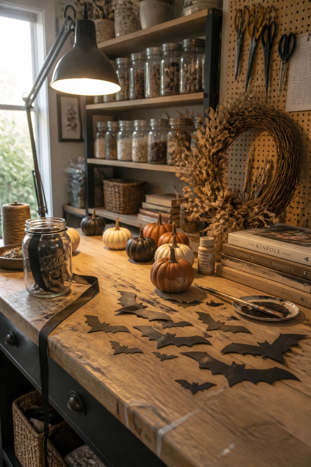 A wooden work table holds small pumpkins, black paper bat cutouts, a paint palette, books, and a glass jar in a room with shelves of labeled jars and a pegboard wall.