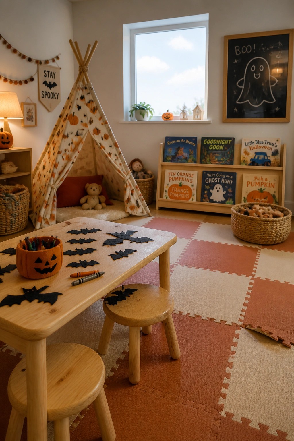 A children's playroom with a low wooden table and stools holding crayons and black felt bats, a teepee in the background, and a book rack filled with Halloween books.
