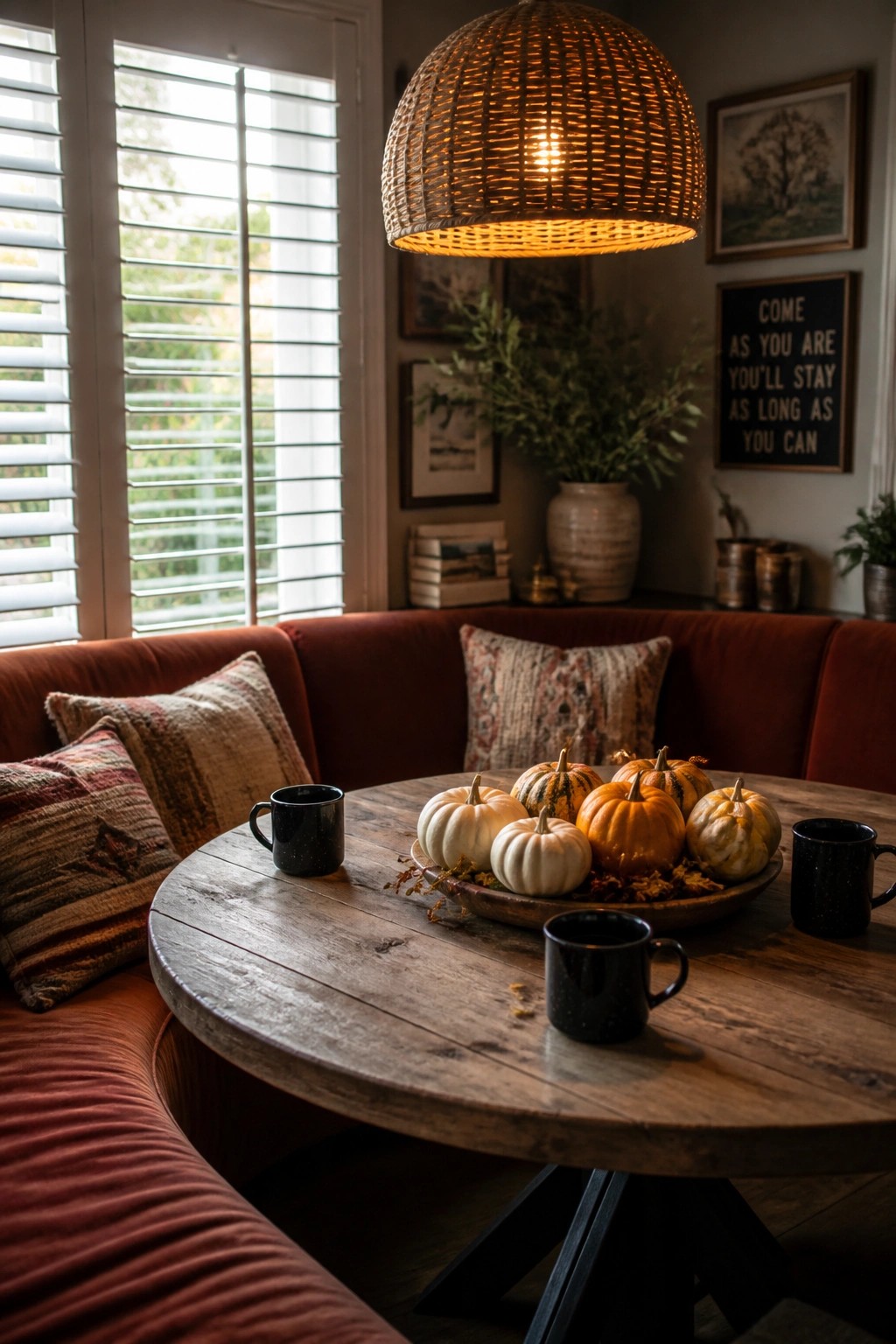 A round wooden table with a tray of mixed white and orange pumpkins and black mugs, placed in front of a red curved sofa under a woven pendant light.