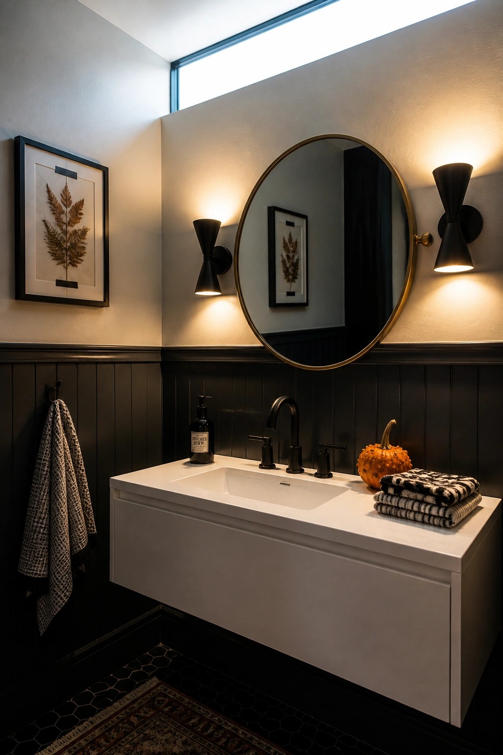 A modern bathroom featuring a white floating vanity, round gold-framed mirror, black fixtures, and a small orange pumpkin on the counter.