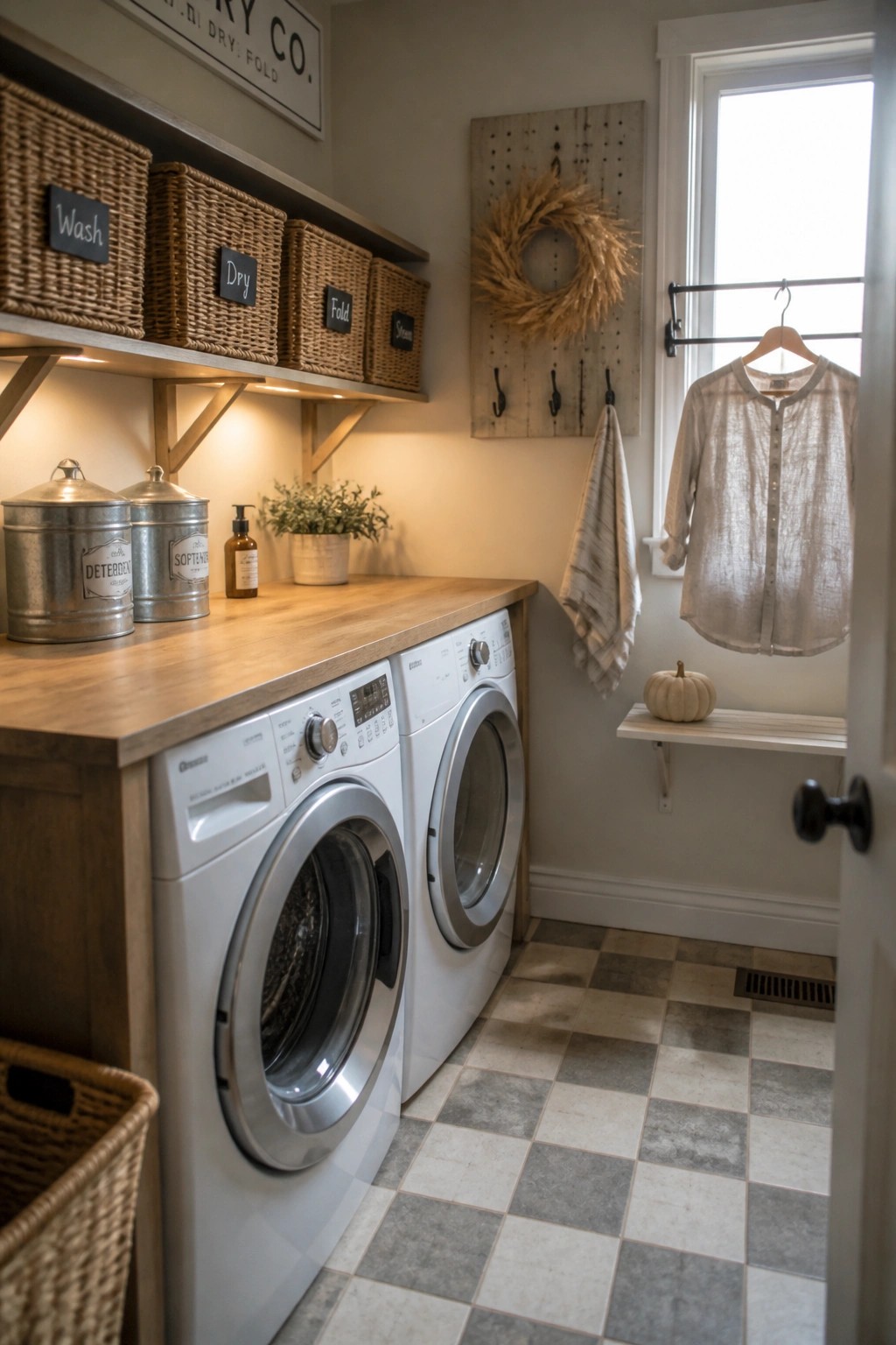 Rustic laundry room with white washers, labeled wicker baskets on shelves, and hanging shirt.