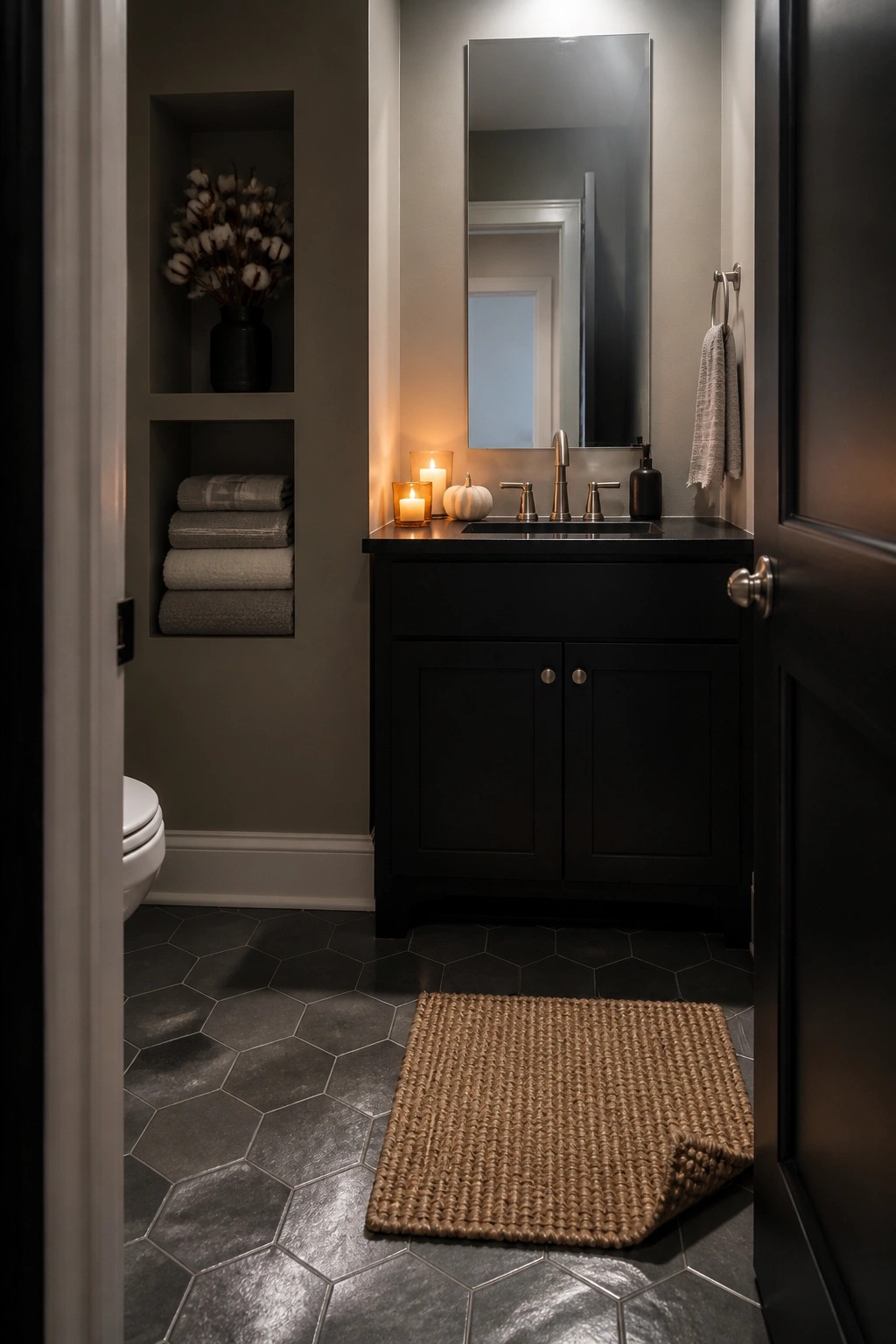 A bathroom with a black vanity, lit candles on the countertop, built-in wall niches holding towels and cotton stems, and dark hexagonal floor tiles.