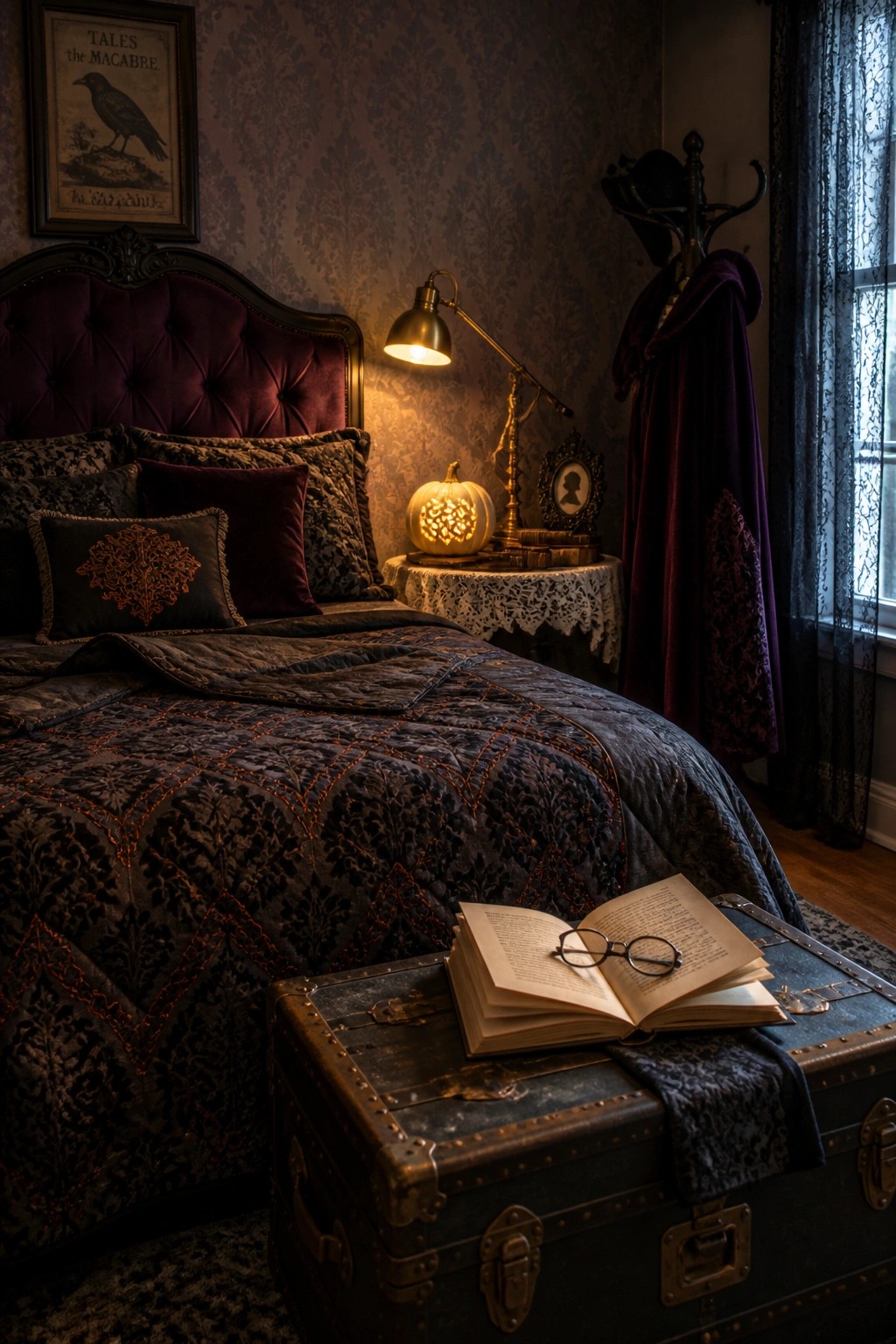A bedroom with a large bed covered in dark patterned bedding, an open book resting on a vintage trunk at the foot of the bed, and a carved pumpkin glowing on a nearby table.
