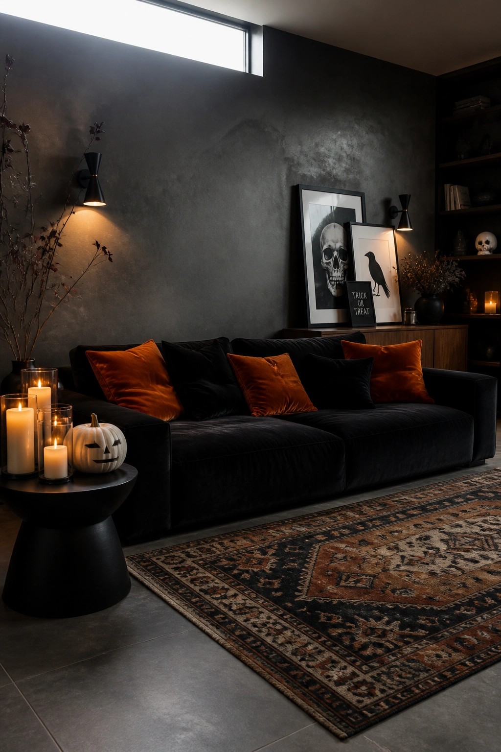 A living room featuring a black velvet sofa with orange and black pillows, lit candles on a side table, a small white pumpkin, and framed black and white art including a skull and bird against a dark gray wall.