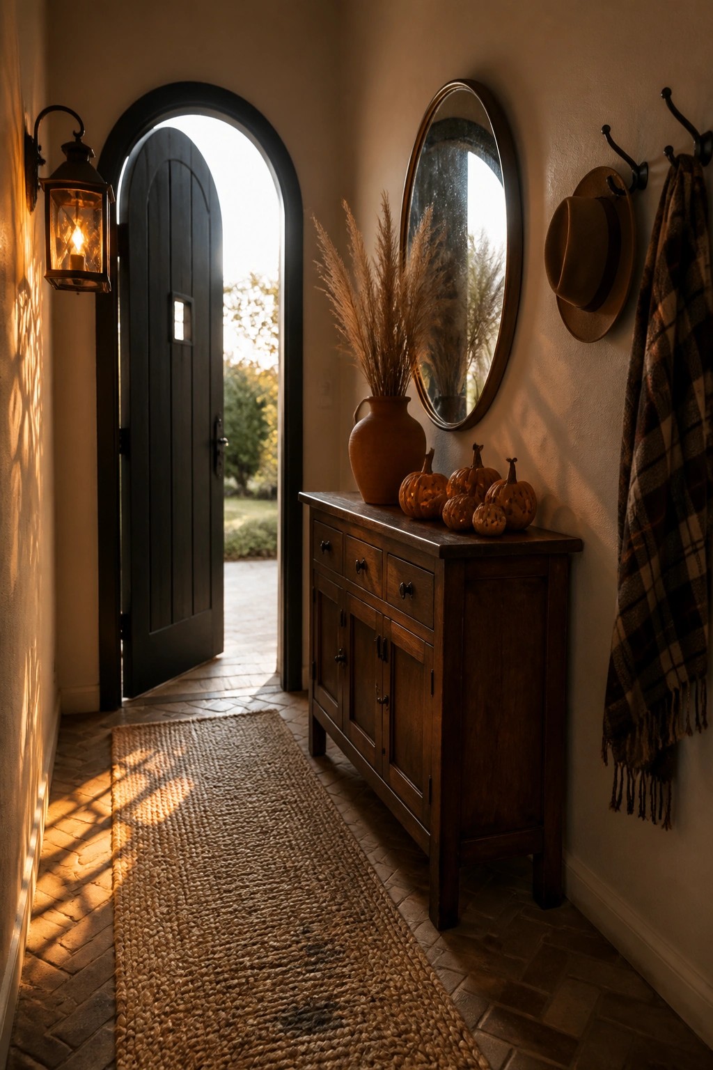 A wooden console table in a home entryway holds small pumpkins and a vase of dried grasses beside an open arched door.