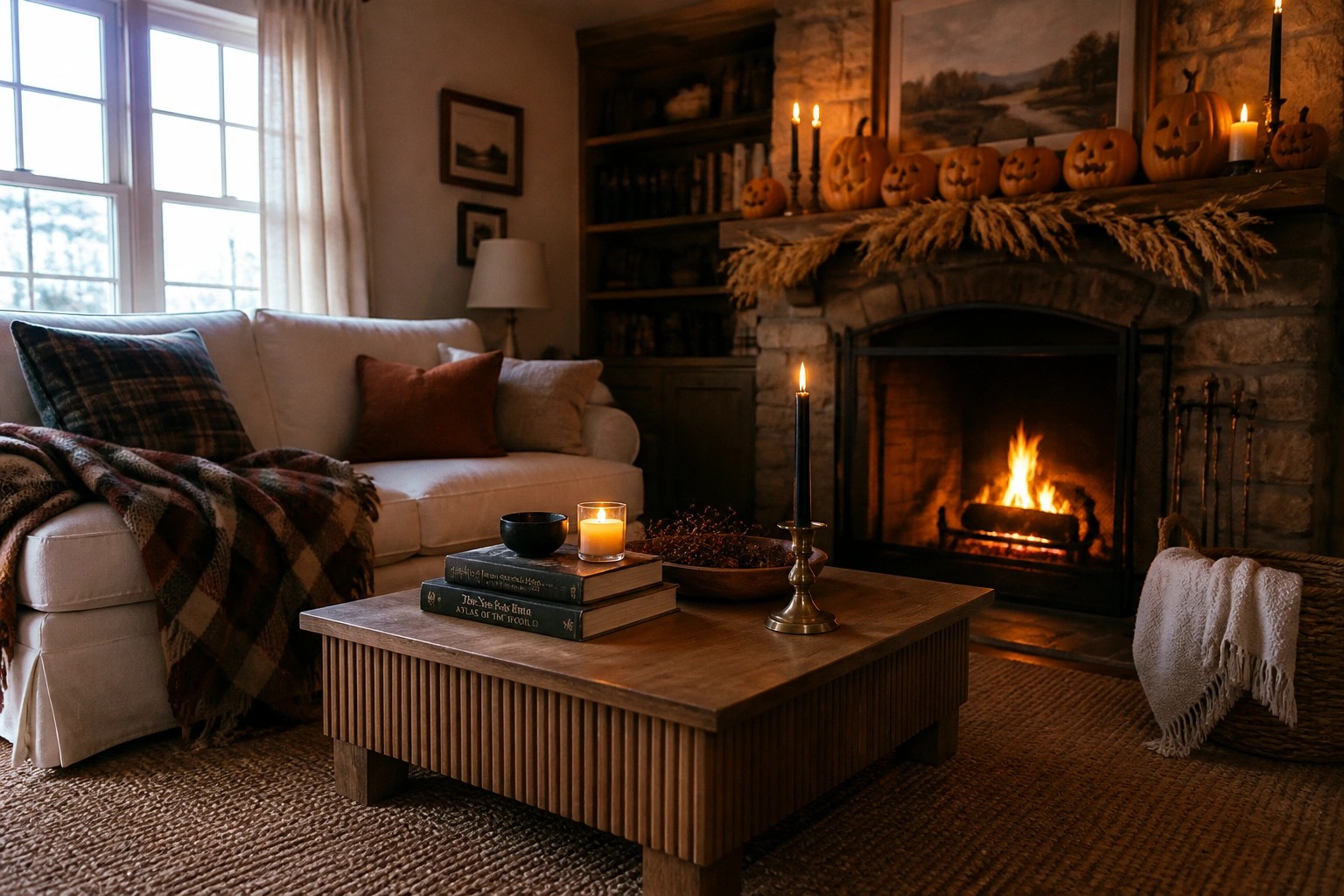 A cozy living room featuring a stone fireplace with carved pumpkins and candles on the mantel, a white sofa with plaid throw, and a wooden coffee table holding books and a small pumpkin.