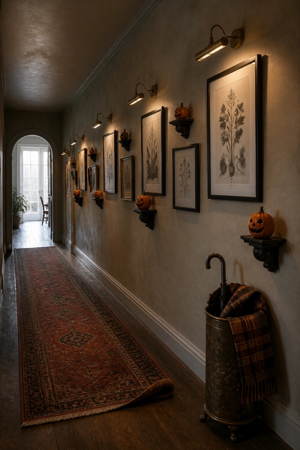 A long interior hallway lined with framed botanical prints and small pumpkins on wall shelves, lit by wall sconces, with a red runner rug on dark wood floors.