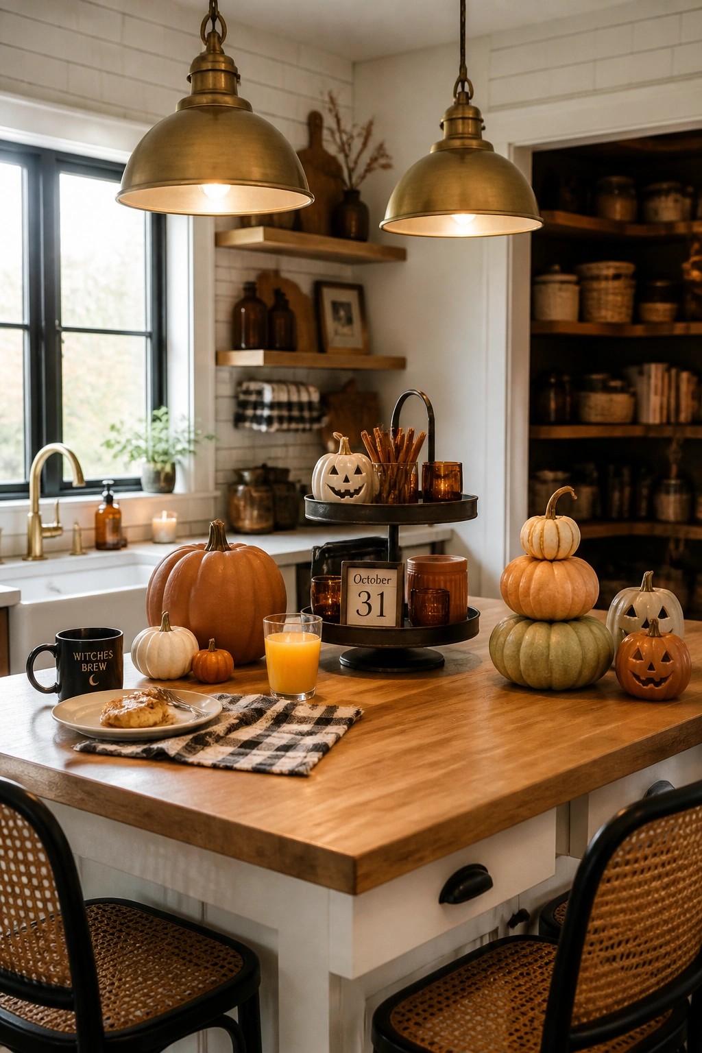 A kitchen island topped with assorted pumpkins, a black mug, a glass of orange juice, a checkered napkin, and a two-tier stand holding candles and a small jack-o-lantern.