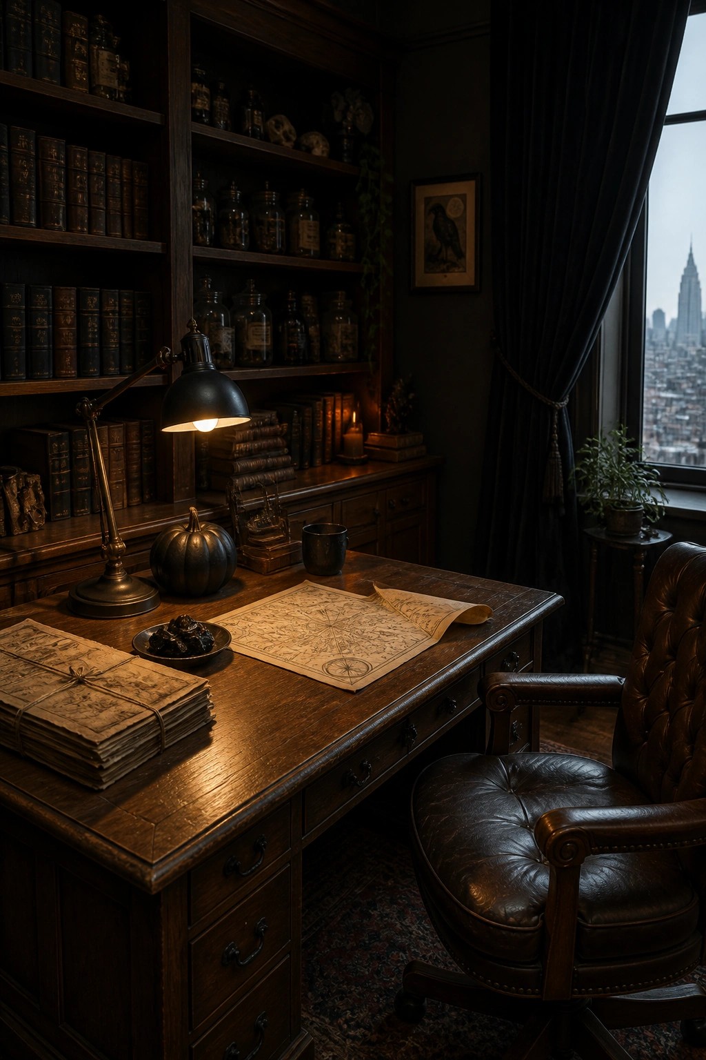 A dimly lit wooden desk in a dark study holds old maps and a lit lamp, with tall bookshelves filled with antique books and a leather chair nearby.