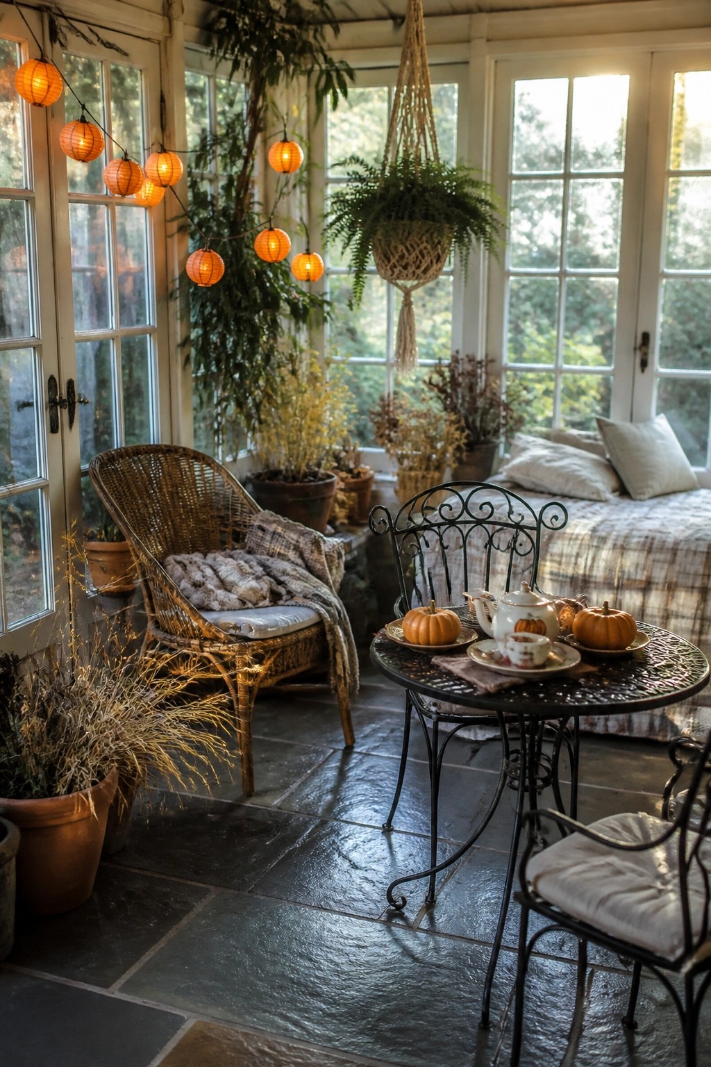 A sunroom with a round metal table holding small orange pumpkins, a white teapot, and cups, surrounded by wicker and metal seating, string lights with paper lanterns, and numerous potted plants near large windows.