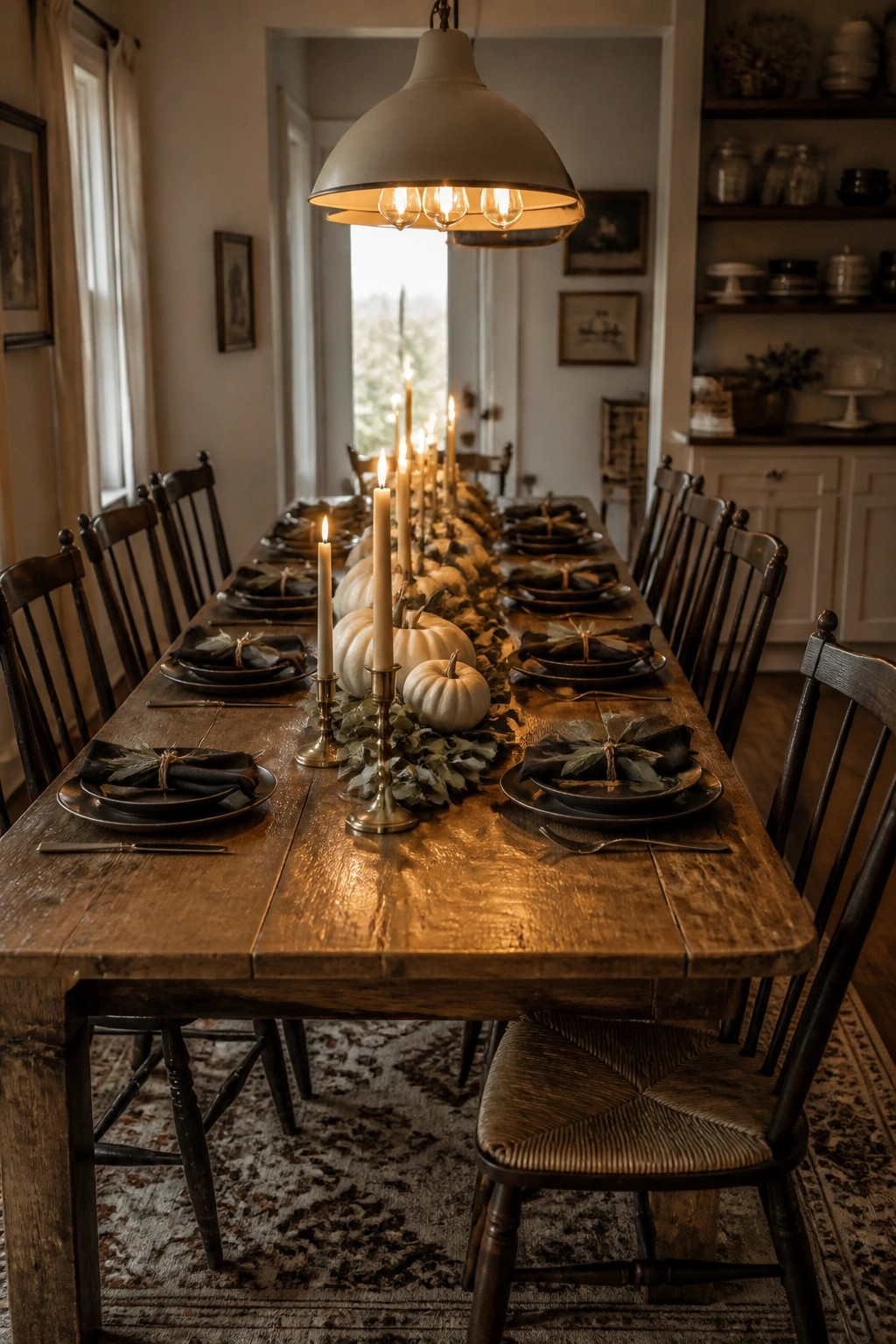 A long wooden dining table decorated with white pumpkins, greenery, and lit candles running down the center, surrounded by dark plates and wooden chairs.