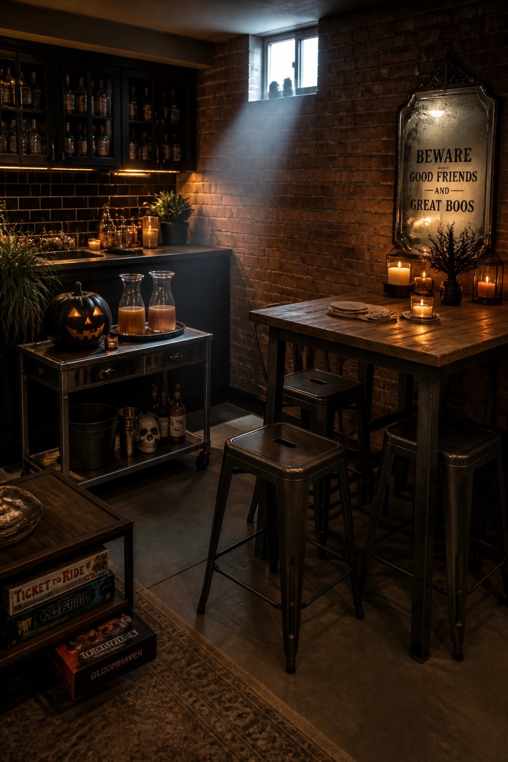 A kitchen interior with a metal rolling cart holding a carved pumpkin and glass carafes of orange liquid, positioned beside a wooden table with metal stools against a brick wall.