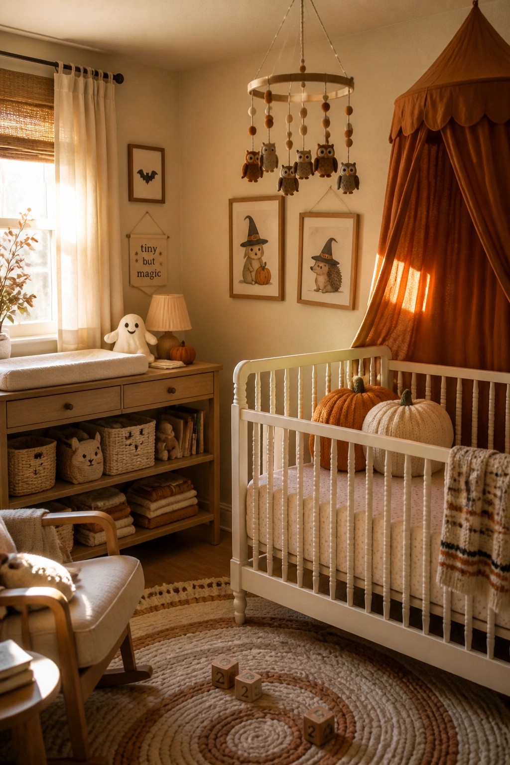 Cozy autumn nursery with white crib, pumpkins, owl mobile, and framed animal art.